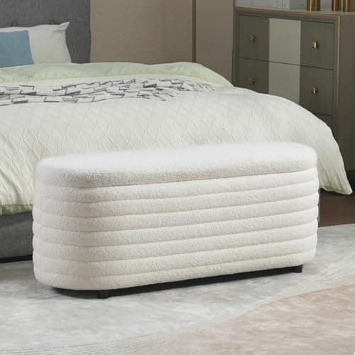 DM Furniture Storage Teddy Ottoman Bench Upholstered Fabric Storage Bench End of Bed Stool with Safety Hinge for Bedroom, Living Room, Entryway, Closet(44.5", White) - Image 1