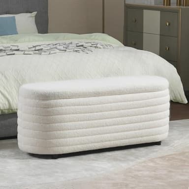 DM Furniture Storage Teddy Ottoman Bench Upholstered Fabric Storage Bench End of Bed Stool with Safety Hinge for Bedroom, Living Room, Entryway, Closet(44.5", White) - Image 1