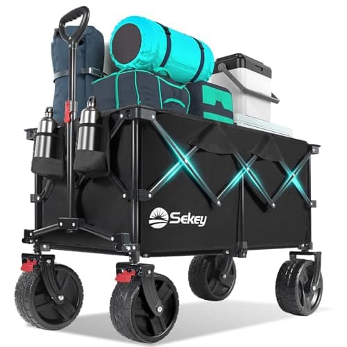 Collapsible Wagon Cart with Big All-Terrain Beach Wheels, Foldable Heavy Duty Wagons with Cup Holders, Utility Carts for Camping, Garden, Outdoor, Grocery, Sports. Black - Image 1