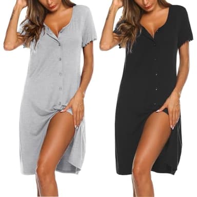 Ekouaer Nightgowns for Women 2 Pack Button Down Sleepshirt Short Sleeve Nightshirt Soft Sleepwear V Neck Pajama Dress Black, Light Grey - Image 1