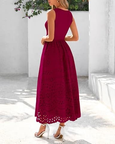 dowerme Women Summer Dresses 2025 Casual Sleeveless Crewneck A-Line Boho Lace Eyelet Cotton Tank Maxi Dress with Pockets(Wine Red,Small) - Image 5