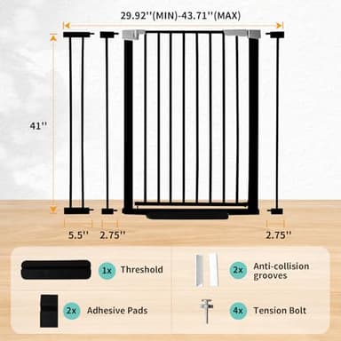 41 Inch Tall Baby Gate Auto Close Dog Gate Adjustable 29.92"-43.71" Wide Pressure Mounted Walk Through Swing Pet Gate for Doorways (Black, 29.92"-43.71" Wide) - Image 2