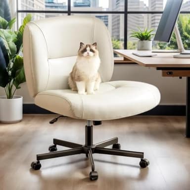 Marsail Criss Cross Chair with Wheels, Wide Mid-Back Comfy Armless Office Chair, Scratch-Resistant PVC Leather Cross Legged Desk Chair, Height Adjustable Vanity Computer Desk for Home Office - Image 1