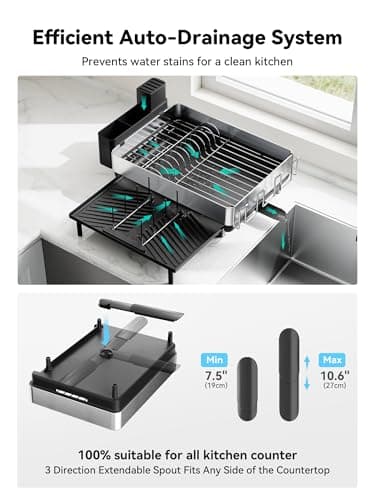 SUNLY Large Dish Drying Rack, Expandable Dish Racks for Kitchen Counter, Space Saving 304 Stainless Steel Drying Rack Kitchen, Extra Large Drainer with Multifunctional Flip Up Pegs, Black - Image 6
