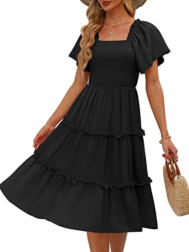LILLUSORY Spring Midi Graduation Bridal Baby Shower Dresses Women 2024 Summer Casual Flowy Bridal Sun Sundress Trendy Brunch Cute Ladies Vacation Smocked Teacher Clothes Outfits Black - Image 1