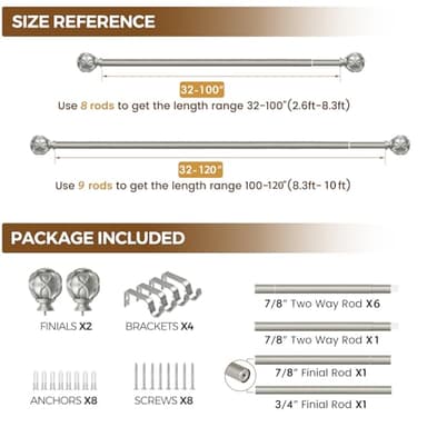 KAMANINA Curtain Rods for Windows 66 to 120 Inch, 7/8 Inch Antique Silver Heavy Duty Window Curtain Rod 32 to 120 (2.6-10ft), Adjustable Decorative Drapery Rods with Netted Texture End - Image 8
