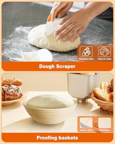 Sourdough Bread Baking Supplies Tools,10 Inch Oval & 9 Inch Round Banneton Bread Proofing Basket Set,Sourdough Starter Kit Gift for Bread Making (white with Starter Jar) - Image 5
