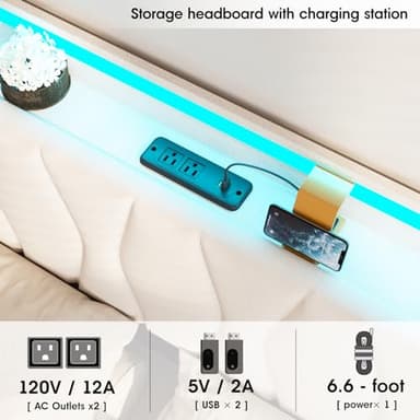 Full Size Lift Up Storage Bed Frame, Height Adjustable Storage Headboard with Charging Station, LED Lights Upholstered Platform Bed, Wooden Slat, No Box Spring Needed, Noise-Free, Beige - Image 6