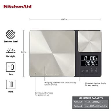 KitchenAid KQ909 Dual Platform Digital Kitchen and Food Scale, 11 pound capacity and Precision 16oz capacity, Black with Stainless Steel - Image 4