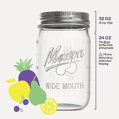 Wide Mouth Mason Jars 32 oz [4 Pack] With Mason Jar Lids and Bands, Mason Jars 32 oz - For Canning, Fermenting, Pickling - Jar Decor - Microwave/Freeze/Dishwasher Safe. - Image 4