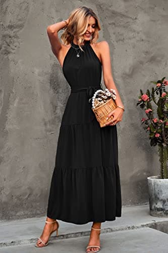 PRETTYGARDEN Women's Summer Maxi Sun Dress Sleeveless Halter Neck Flowy Ruffle Hem Long Boho Dresses with Belt (Solid Black,X-Large) - Image 2