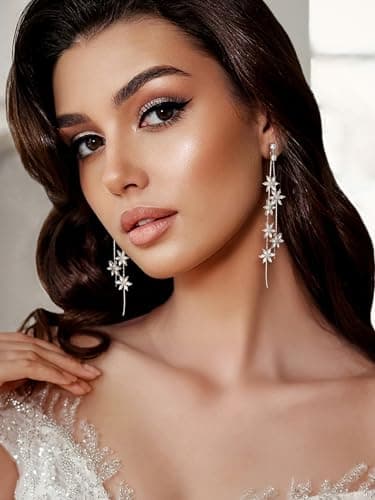 SWEETV Long Wedding Earrings for Brides, Crystal Bridal Earrings for Wedding, Rhinestone Drop Dangle Earrings for Women Prom Party Jewelry - Image 3