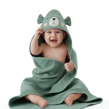 Blissful Diary Muslin Baby Hooded Towel, Soft and Absorbent Bath Towel for Newborn, Infant, Toddler, Unisex, 32″x32″ - Smart Bear - Image 7