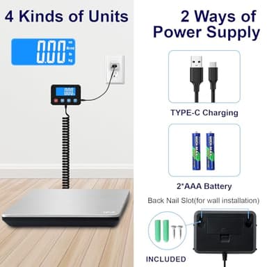 TIPRE Digital Shipping Postal Scale 0.5 oz High Accuracy! 440lb Commercial Weight Scale for Package, Small Business, Mail, Warehouse, Home, Battery & Charging Cable Included - Image 6