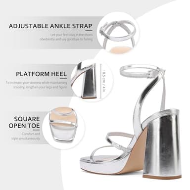 MIRAAZZURRA Platform Strappy Heel Sandals Square Open Toe Two Strap Chunky High Heeled Sandals with Buckle Ankle Strap for Women Party Wedding Dress Silver 9.5 - Image 8