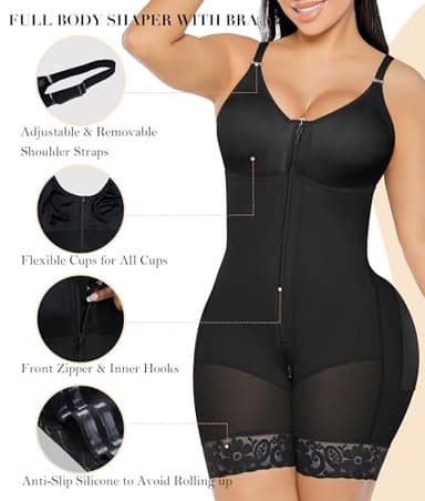 YIANNA Fajas Colombianas Moldeadoras Postpartum Full Shapewear for Women Tummy Control Body Shaper Butt Lifter Compression Garment with Zipper Crotch, YA7283-Black-XL - Image 3