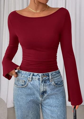 PRETTYGARDEN Women's Long Sleeve Shirts 2025 Fall Crop Going Out Tops Casual Boat Neck Bell Sleeve Ribbed Ruched Y2K Clothes (Burgundy,Large) - Image 8