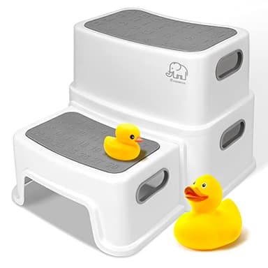 Forbena Toddler Step Stool for Bathroom Sink, 2 Step Stool for Kids Toilet Potty Training, Non-Slip Toddlers Baby Child Kid Plastic Poop Stools with Handle for Kitchen Counter Bed (White-Grey) - Image 1