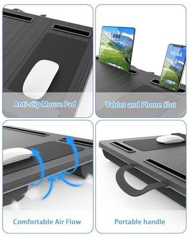 HETTHI Laptop Lap Desk, Portable Large Laptop Desk for Bed, Up to 17 Inch Lap Pad Tray with Wrist Rest, Mouse Pad, Tablet Phone Slot, Portable Handle, Cushion (Black) - Image 4