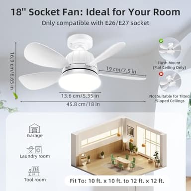 OSTIVE Socket Fan Light with Remote: 18'' Small Ceiling Fans with Lights, 2000 Lumens Dimmable Led Bulb, 3 Colors 3000K-6500K, Easy Install Screw in E26 Base for Bedroom Living Room Kitchen Garage - Image 2