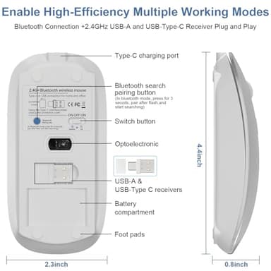 Kovess Mouse for Laptop Wireless Bluetooth - MacBook Air Mac Pro PC iPad Optical Rechargeable Silent Mouse with Jiggler Dual Mode Switch Bluetooth 5.2/3.0 and 2.4GHz USB-A and Type-C Receiver Silvery - Image 4