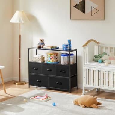 DUMOS TV Stand Dresser for Bedroom with 5 Fabric Drawer,Entertainment Center for 45 inch Television, Media Console Table with Storage, Open Shelf, Adjustable Feet, Living Room Furniture, Black - Image 2