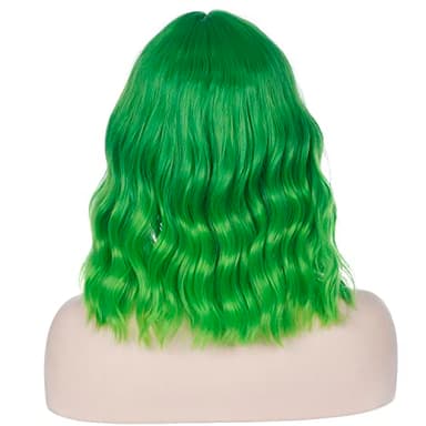 incohair 14 Inches Green Ombre Wig with Bangs Women Short Curly Wavy Bob Wig Shoulder Synthetic Halloween Party Wigs Wig Cap Included (Ombre Green - Image 4