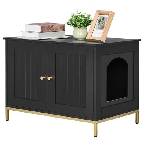 Homhedy Cat Litter Box Enclosure, Cat Washroom Furniture with Metal Frame, Pet House, Fit Most of Litter Box, Modern Style, Black and Gold - Image 1