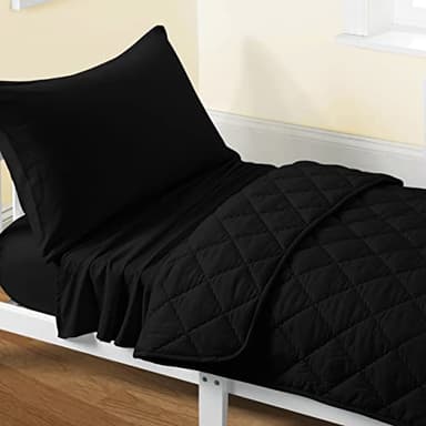 FLXXIE 4 Pieces Toddler Bedding Set, Soft and Breathable Microfiber Crib Sheet Set, Includes Quilted Comforter, Flat Top Sheet, Fitted Sheet, Envelope Pillow Case for Boys and Girls, Black - Image 1