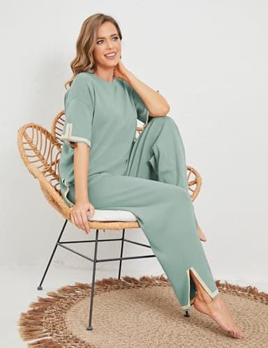 Tanming Sweater Sets Women 2 Piece Lounge Sets Short Sleeve Knit Pullover Tops Wide Leg Pants (GreyGreen-S) - Image 7