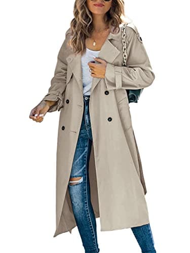 Makkrom Women's Double Breasted Long Trench Coat Windproof Classic Lapel Slim Overcoat with Belt - Image 1