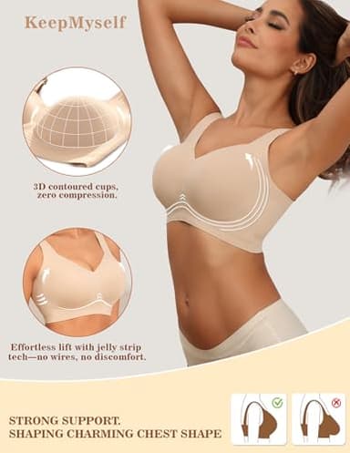KeepMyself Women's Wireless Push Up Bra for Older Women, Full Coverage Seamless Supportive Back Smoothing T-Shirt Bra, Plus Nude - Image 5