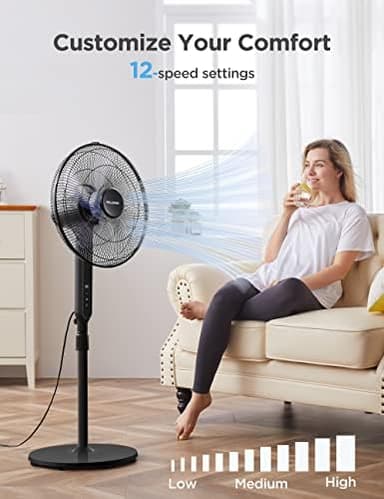 PELONIS 16" Oscillating Pedestal Stand Up Fan | Adjustable Height | Ultra Quiet DC Motor | Remote Control | 12 Speed | 12-Hour Timer | High Energy Efficiency | for Bedroom Home Office Use | Black - Image 4