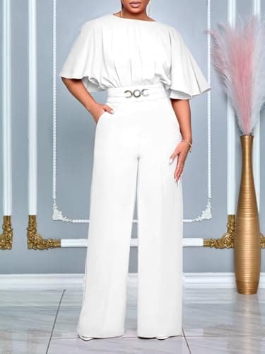 acelyn Elegant Jumpsuit for Women Dressy Sexy Plus Size Wide Leg Pant Suit One Piece Party Outfits White L - Image 2