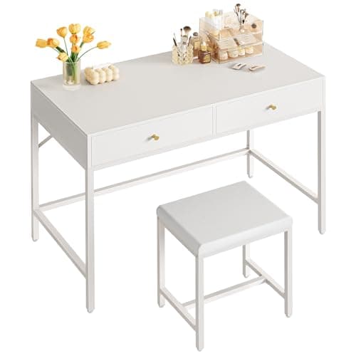 SUPERJARE 35.4" White Desk with 2 Drawers, Modern Makeup Vanity with Padded Stool, Small Computer Desk Home Office Desk for Writing Study Bedroom - Image 1