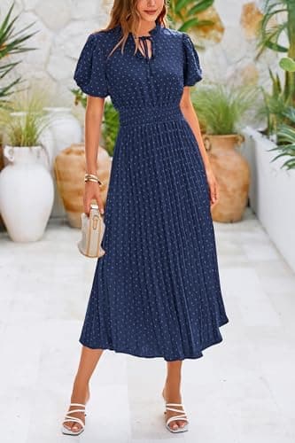 PRETTYGARDEN Summer Long Dresses for Women Puff Short Sleeve V Neck Swiss Dot Pleated A Line Casual Flowy Party Midi Dress (Navy,Large) - Image 3