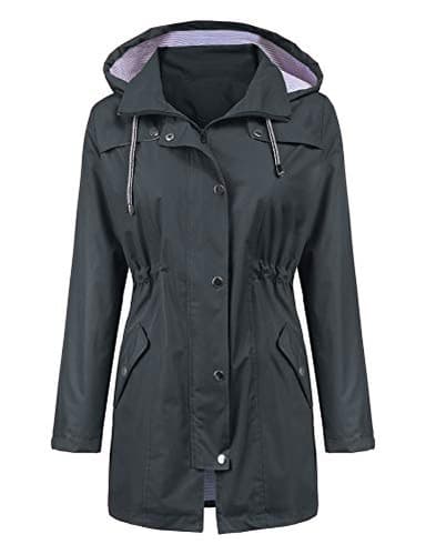 LOMON Raincoat Women Waterproof Long Hooded Trench Coats Lined Windbreaker Travel Jacket Deep Gray L - Image 2