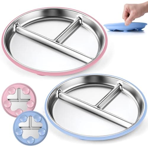 OVV Stainless Steel Kids Plates (2 Pack) 9 Inch Toddler Divided Plates with ﻿Removable Silicone Sleeves & 5 Suction Cups Baby Self Feeding | Mess-Free Mealtime | Dishwasher Safe - Image 1
