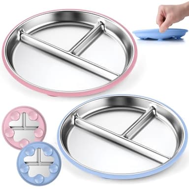 OVV Stainless Steel Kids Plates (2 Pack) 9 Inch Toddler Divided Plates with ﻿Removable Silicone Sleeves & 5 Suction Cups Baby Self Feeding | Mess-Free Mealtime | Dishwasher Safe - Image 1