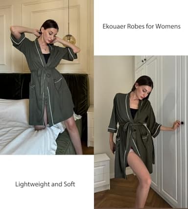 Ekouaer Women Robes Waffle Knee Length Bathrobe Lightweight Soft Sleepwear V neck 3/4 Sleeve Casual Ladies Loungewear Army Green M - Image 2