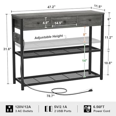 Ecoprsio 47'' Entryway Table with Outlets and USB Ports, Console Table with 3 Drawers, Sofa Table Narrow Long with Storage Shelves for Living Room, Couch, Hallway, Foyer, Kitchen Counter, Grey - Image 3
