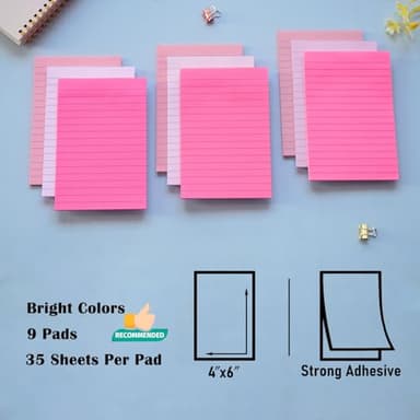 9 Pack Lined Sticky Notes 4X6 in Post Sticky Notes with Lines, Large Ruled Post Sticky Colorful Super Sticking Power Memo Pads Strong Adhesive (Pink Themed) - Image 2