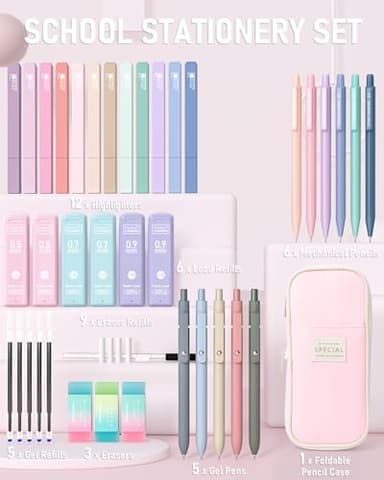 Four Candies 39 PCS Aesthetic School Supplies with Cute Pen Case, 12 Pastel Highlighters, 5 Black Ink Gel Pens, 6 Mechanical Pencils Set 0.5 & 0.7 mm for Students Stationary College Essentials (Pink) - Image 6