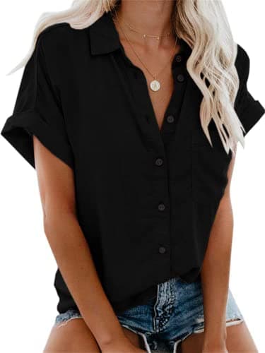 Womens Casual Button Down Short Sleeve Shirts 2025 Summer Fashion Trendy Cotton Collared Linen Shirt Top Blouses with Pocket Black - Image 1