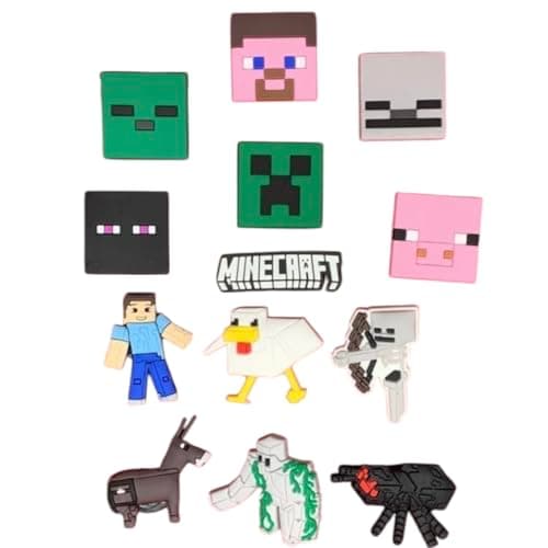 Mine Craft Gaming Shoe Charms, 13 Piece Set Chicken and Characters, Decorative Pixel Art Design