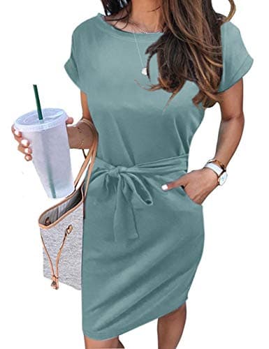 MEROKEETY Women's Summer Striped Short Sleeve T Shirt Dress Casual Tie Waist Midi Dress - Image 1