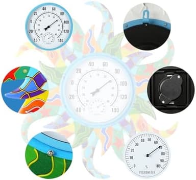 Large Blue Sun Outdoor Thermometer & Hygrometer Combo, 25'' Indoor Outdoor Wall-Mounted Thermometer Gauge, Decorative Indoor Outside Temperature Thermometer for Patio, Garden, Living Room,Kitchen - Image 5
