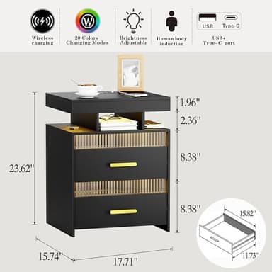 Nightstand with Charging Station and LED Lights, Night Stand with 2 Drawers, Wood Smart Bedside Table, Modern Bed Side Table for Bedroom, Black - Image 2