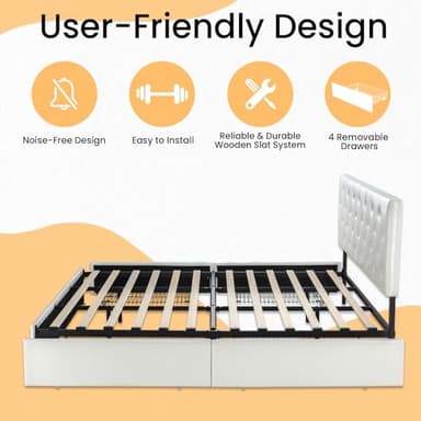 SHA CERLIN Upholstered King Size Platform Bed Frame with 4 Storage Drawers, Adjustable Headboard with Diamond Stitched Button Tufted Design, Wooden Slat Support, No Box Spring Needed, White - Image 7