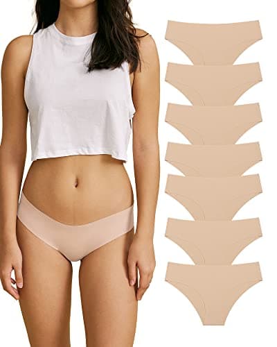SHARICCA Women Seamless Cheeky Bikini No Show Panties Ladies Invisible Breathable Hipster Soft Stretch Underwear 7 Pack (Beige,M) - Image 1